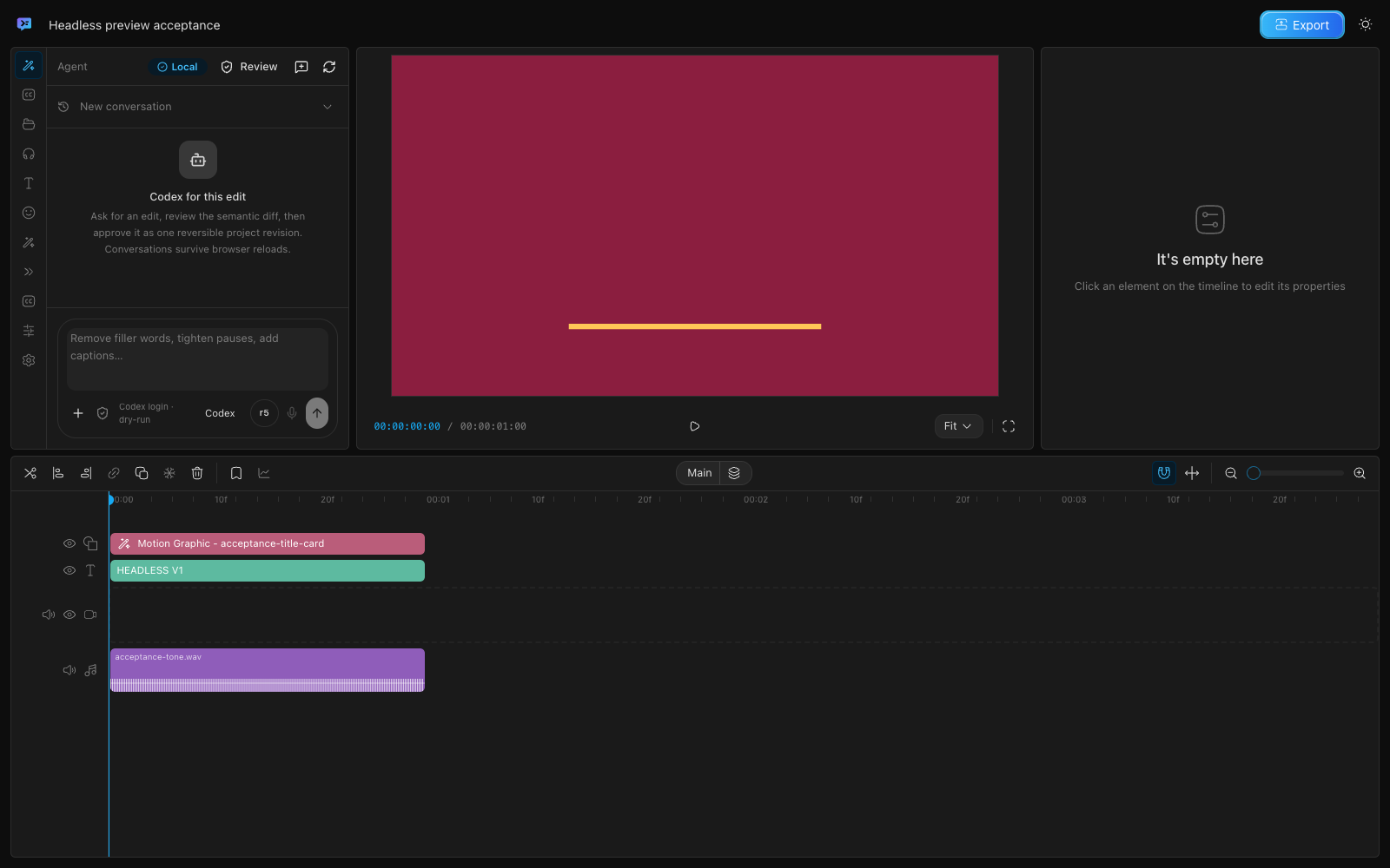 OpenChatCut editor showing transcript, preview, timeline and Agent plan